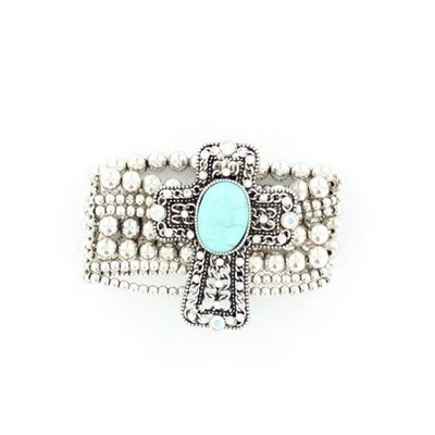Blazin Roxx 29228 Cross Beaded Stretch Bracelet Silver/Turquoise