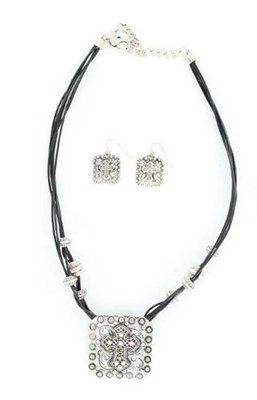 Blazin Roxx 29341 Square Cross Leather Corded Jewelry Set Black/Silver