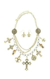 Blazin Roxx 2937135 Antiqued Cross and Fleur De Lis Jewelry Set Silver