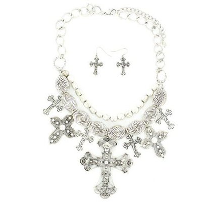 Blazin Roxx 29373 Chunky Silver Cross Jewelry Set Silver