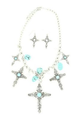 Blazin Roxx 29725 Rose Print Cross Jewelry Set Turquoise/Silver