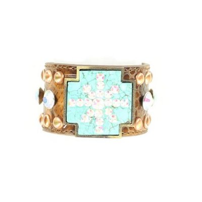 Blazin Roxx 30370 Spur Rowel Leather Cuff Bracelet Brown/Turquoise