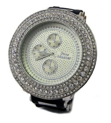 3 Rows of Ice Silver Plated Hiphop Bling Black Rubber strap