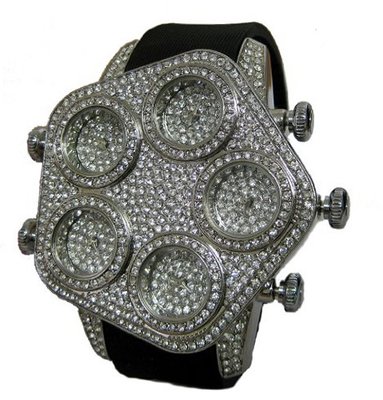 Fully Iced Silver Faux Diamond 5 Time Zone hipHop Bling