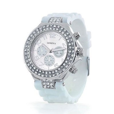 Bling Jewelry Geneva Rubber Silicone CZ Bezel Chronograph White