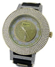 Bling MRSTER 5 Row of Ice Gold Plated Black Rubber strap Hiphop