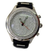 Bling MRSTER Full Crystal Dial Chrome Bezel Black Rubber Strap HipHop