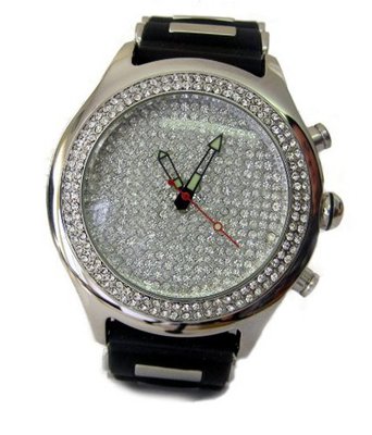 Bling MRSTER Full Crystal Dial Chrome Bezel Black Rubber Strap HipHop