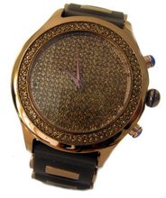 Bling MRSTER Full Crystal Dial Coffee Chrome Bezel Brown Rubber Strap HipHop