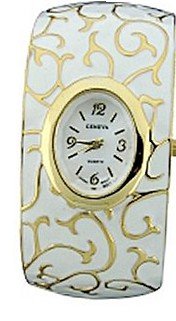 Enamel Vine Print Cuff White and Gold, 7 Inches Around