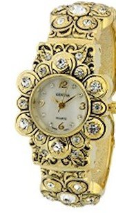 Flower Style w/ Crystals Gold Bangle Cuff , 7 Inches Around