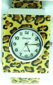 Leopard Design Bangle Cuff Geneva Quartz Hard Plastic Band, 7 Inches Around
