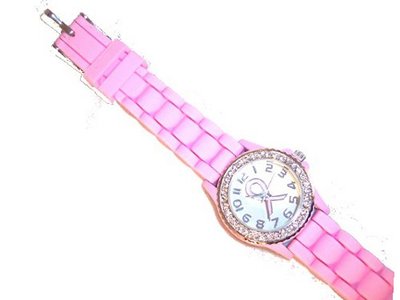 Pink Breast Cancer Band Quartz Crystal Framed Face Soft Plastic Band
