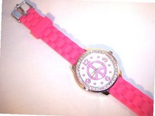 Pink Peace Sign Quartz Crystal Framed Face Soft Plastic Blue Band