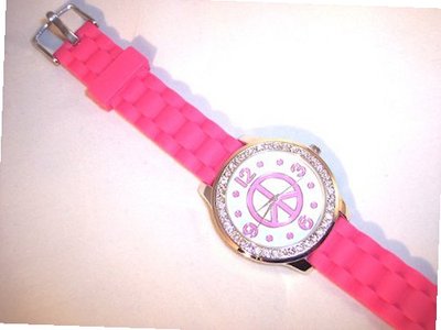 Pink Peace Sign Quartz Crystal Framed Face Soft Plastic Blue Band