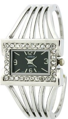 Rectangle Black Face Cuff with Crystals Around Dial 7 Inches Around