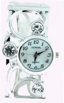 Silver Metal Bangle Cuff with Clear White Crystals, 7 Inches Around