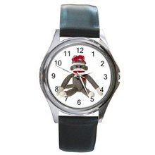 Sitting Sock Monkey Design Leather Band