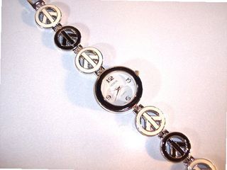 uBlue Skies Plus Black and White Quartz Stainless Steel Peace Sign Band 
