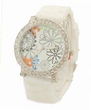 Rhinestone Accent Floral Printed White Rubber Strap