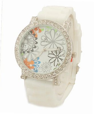 Rhinestone Accent Floral Printed White Rubber Strap