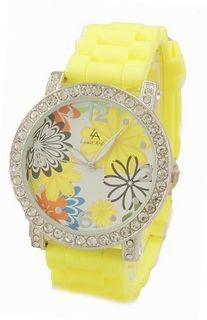 Rhinestone Accent Floral Printed Yellow Rubber Strap