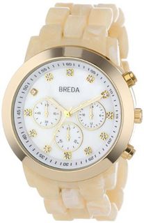 Breda 2307-Horn/Gold "Brooke" Oversized Bezel Mother-Of-Pearl Dial Rhinestone Hour Markers Plastic Band