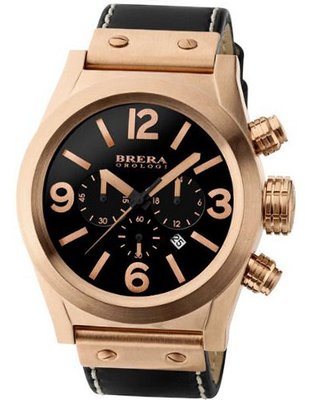 BRERA Orologi BRETC4507 ROSE Gold tone case with black dial and black leather strap. Chronograph