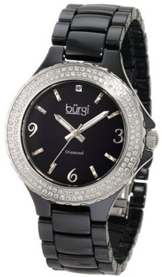 Burgi BU47BK Round Swiss Quartz Diamond Ceramic Mother of Pearl Quartz