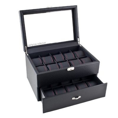 Black Carbon Fiber Pattern Box Display Storage Case with Glass Top, Red Stitching Perforated Soft Pillows Holds 20 es - Red Stitching