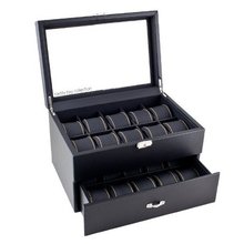 Black Carbon Fiber Pattern Box Display Storage Case with Glass Top, Yellow Stitching Perforated Soft Pillows Holds 20 es - Yellow Stitching