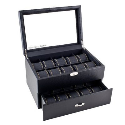 Black Carbon Fiber Pattern Box Display Storage Case with Glass Top, Yellow Stitching Perforated Soft Pillows Holds 20 es - Yellow Stitching