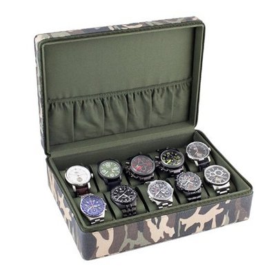Box Display Storage Case with Camouflage Canvas Exterior and Navy Green Interior Holds 10 es