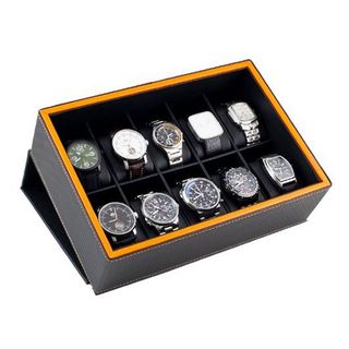 Caddy Bay Collection Case Display Box Holds 10 Large es with Black Carbon Fiber Pattern Exterior and Lava Orange Trim