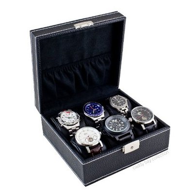 Contemporary Compact Black Display Storage Case Chest With White Stitching Holds 6 es With Soft Adjustable Pillows