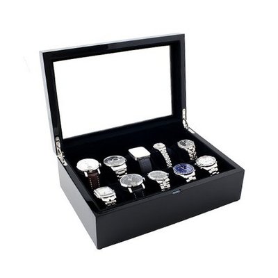 Piano Glossy Black Wood Case Display Storage Box with Glass Top Holds 10 es with Adjustable Soft Pillows, High Clearance for Large es