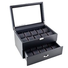 uCaddy Bay Collection Black Carbon Fiber Pattern Box Display Storage Case with Glass Top, Orange Stitching Perforated Soft Pillows Holds 20 es - Orange Stitching 