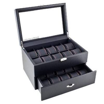 uCaddy Bay Collection Black Carbon Fiber Pattern Box Display Storage Case with Glass Top, Orange Stitching Perforated Soft Pillows Holds 20 es - Orange Stitching 