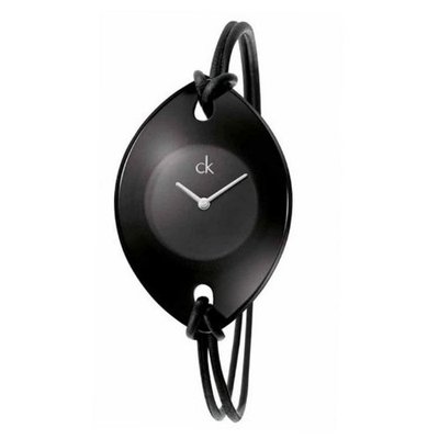 Calvin Klein Quartz, Genuine Black Leather Spaghetti Strap with Black Suspension Dial - K3323330