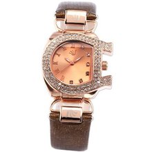 Carfenie Awesome Crystal Rose Gold Case Brown Bracelet Quartz Lady Wrist CFE046
