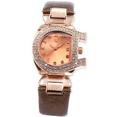 Carfenie Awesome Crystal Rose Gold Case Brown Bracelet Quartz Lady Wrist CFE046