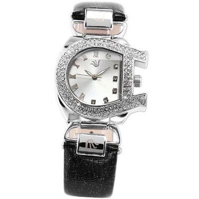 Carfenie Bling Crystal Lady  Bracelet Black Genuine Leather Quartz + Gift Box CFE039