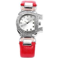 Carfenie Bling Crystal Lady  Bracelet Red Leather Band Quartz + Gift Box CFE041