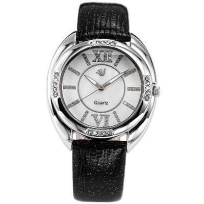 Carfenie Lady Black Genuine Leather Crystal Analog  Dress Wrist CFE051