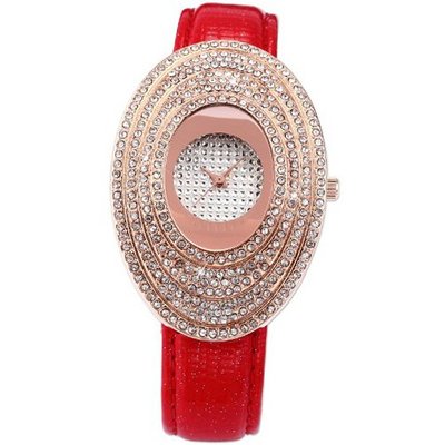 Carfenie Luxury Rose Gold Case Oval Lady Red Leather Crystal Analog Wrist CFE063