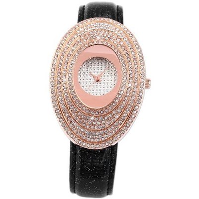 Carfenie Luxury Rose Gold Oval Lady Black Leather Crystal Analog Wrist CFE061