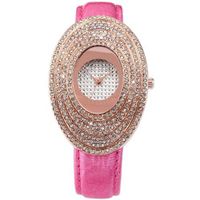 Carfenie Luxury Rose Gold Oval Lady Pink Leather Crystal Analog Wrist CFE064