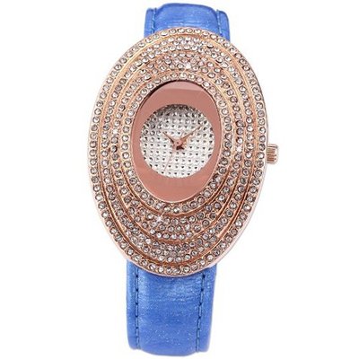 Carfenie Oval Lady Rose Gold Case Blue Leather Band Quartz Dress Wrist CFE065