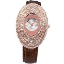 Carfenie Oval Lady Rose Gold Case Coffee Leather Band Quartz Dress Wrist CFE062