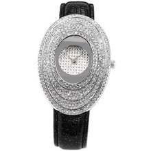 Carfenie Oval Stainless Steel Crystal Lady Black Genuine Leather Quartz Wrist CFE055